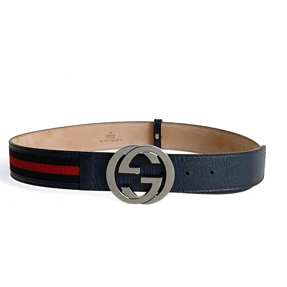 Gucci Gucci Web palladium belt in blue leather an… - image 1