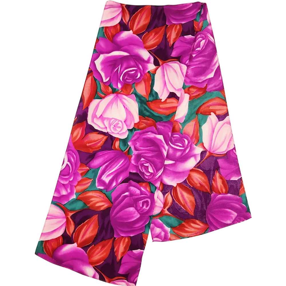Rose Print Silk Scarf Brilliant/Bold Colors Pink/… - image 1