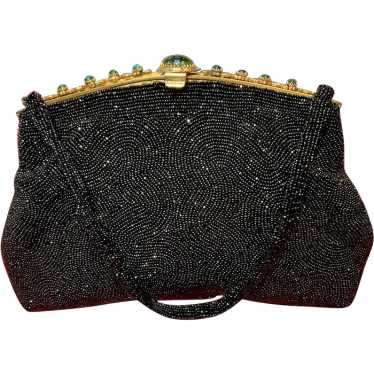 Vintage French Hand Beaded Purse with Jeweled Fra… - image 1