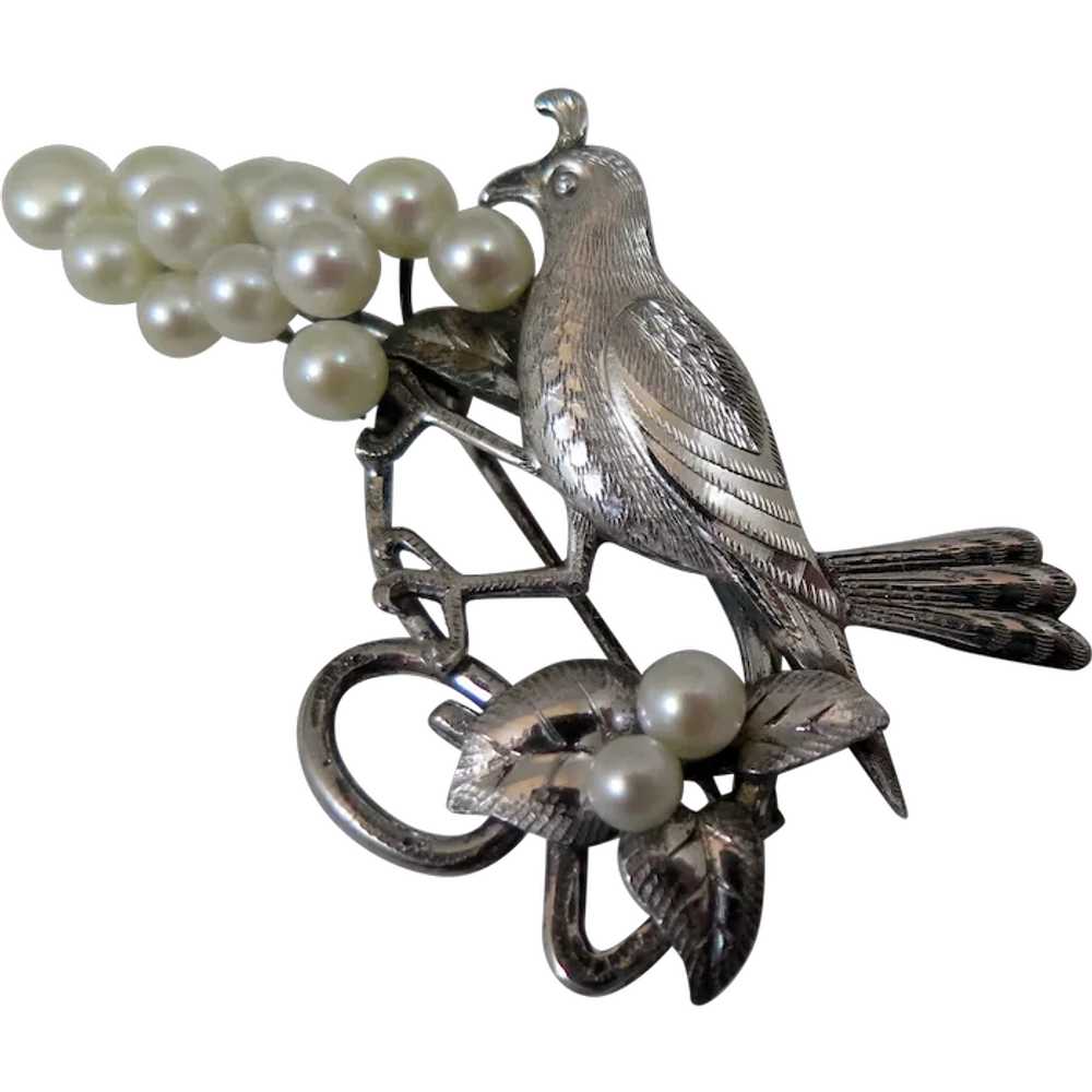 Vintage Sterling Silver Cultured Pearl Bird w Gra… - image 1