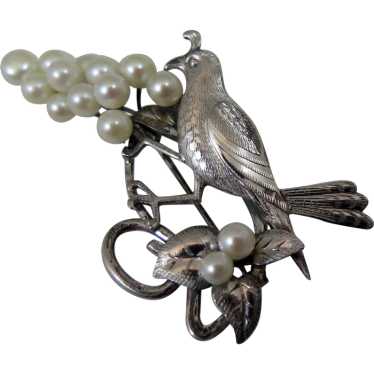 Vintage Sterling Silver Cultured Pearl Bird w Gra… - image 1