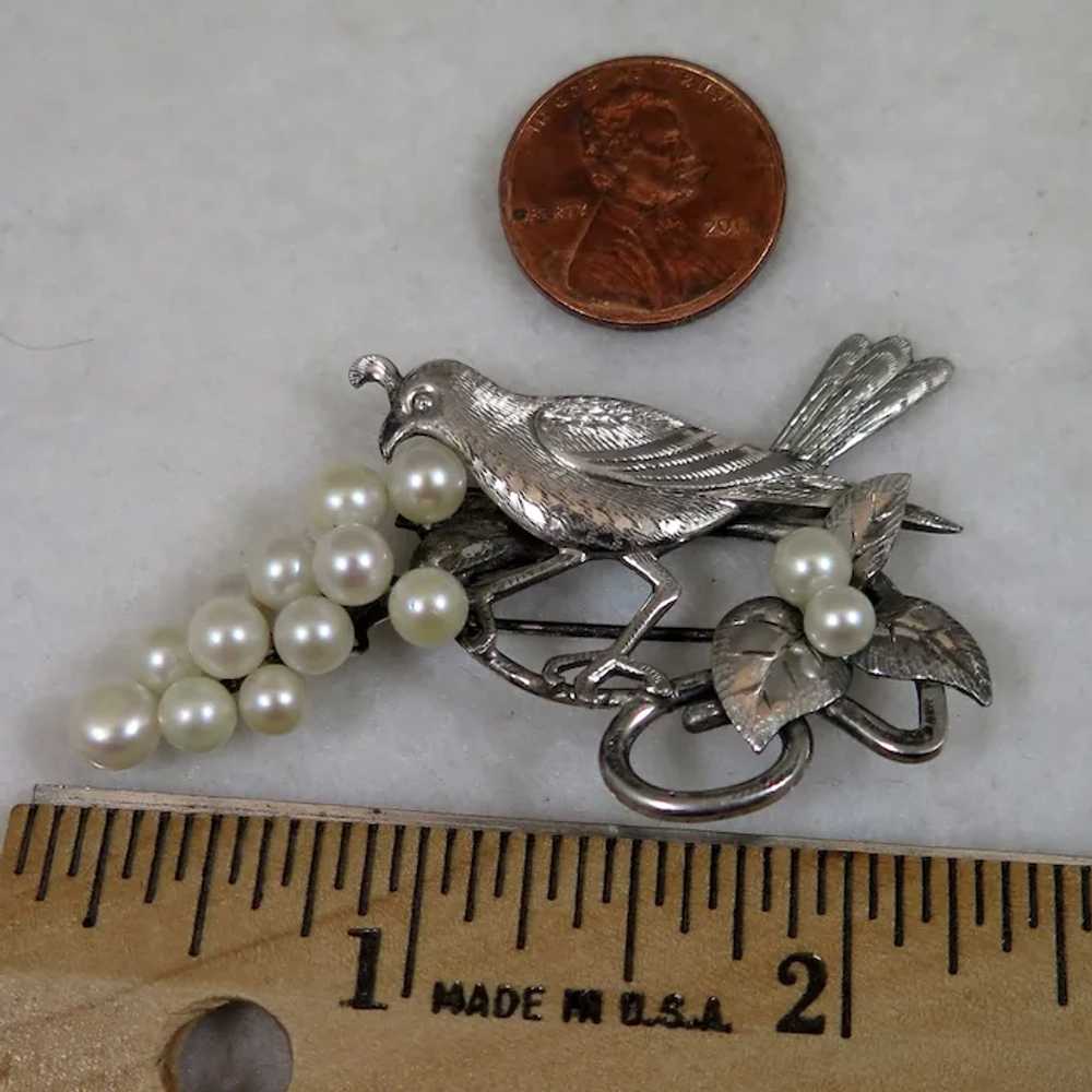 Vintage Sterling Silver Cultured Pearl Bird w Gra… - image 2