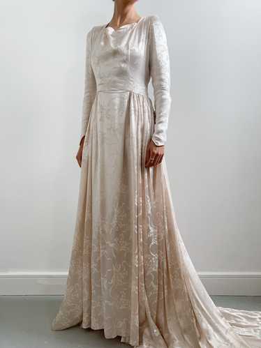 1920s Oyster Silk Floral Wedding Dress with Train 