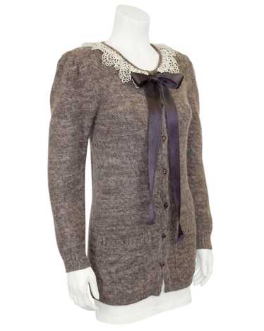 Valentino Brown Knit Cardigan with Lace Collar and