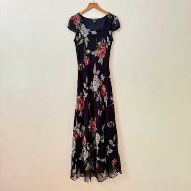Vintage Full Length Slip Black Slip Dress with Ro… - image 1