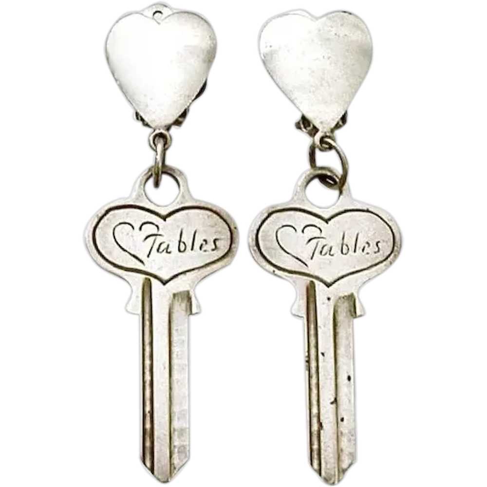 Sterling Key 3" Dangle Clip On Earrings by Fables… - image 1