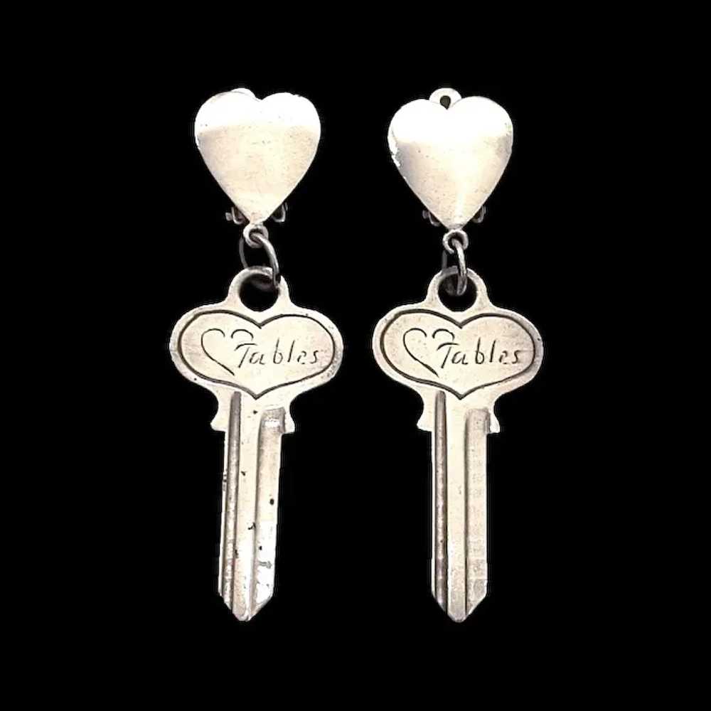 Sterling Key 3" Dangle Clip On Earrings by Fables… - image 2