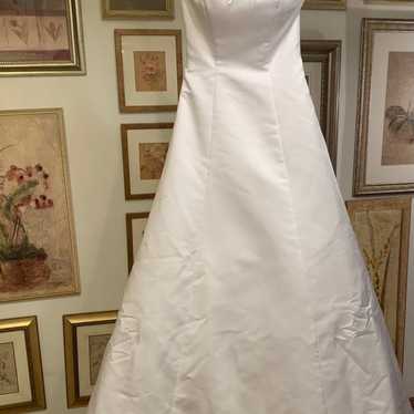 white satin strapless wedding dress