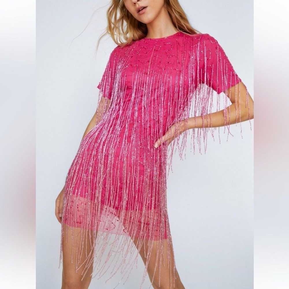 NASTY GAL Pink Beaded Short Sleeve Mini Dress Lin… - image 3