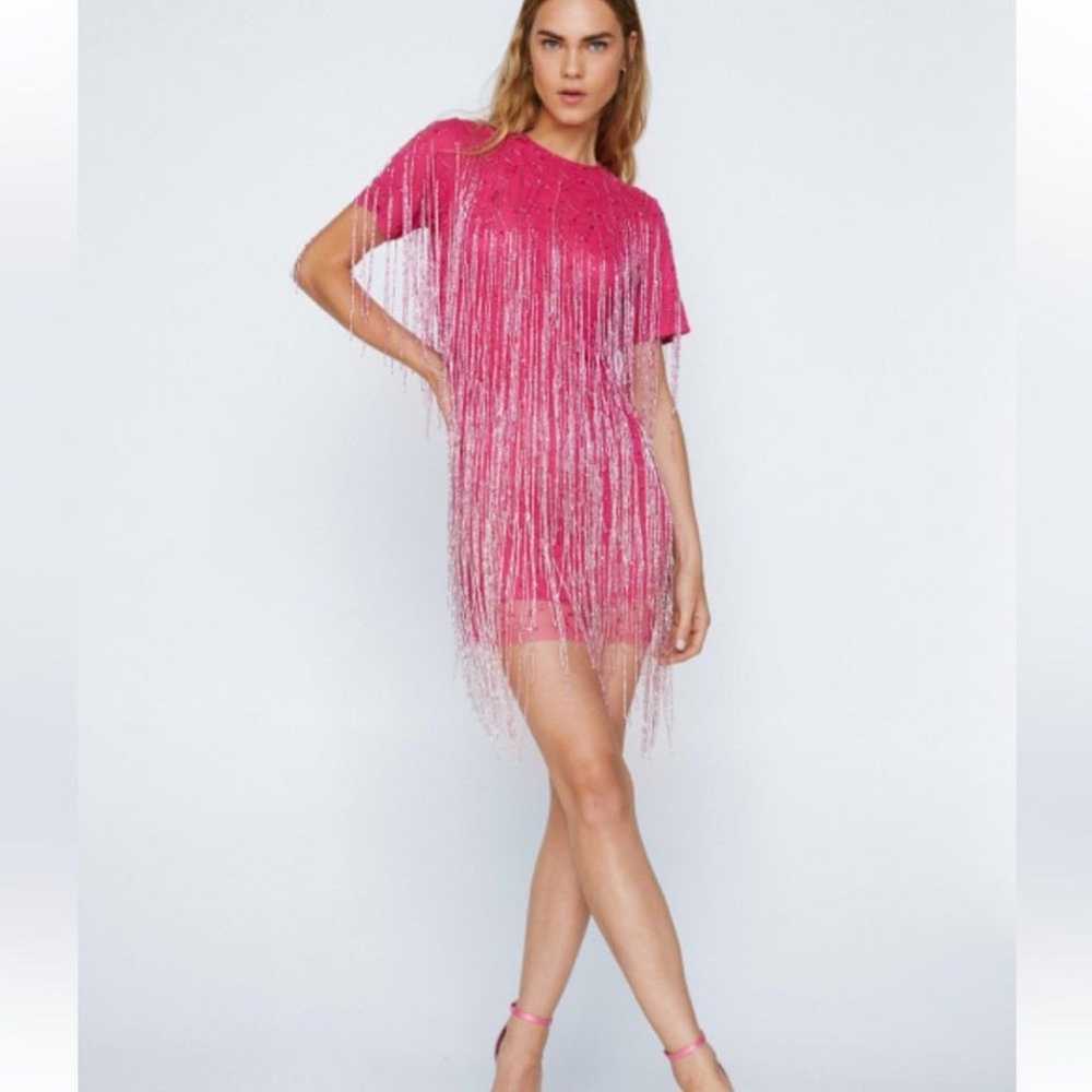 NASTY GAL Pink Beaded Short Sleeve Mini Dress Lin… - image 4