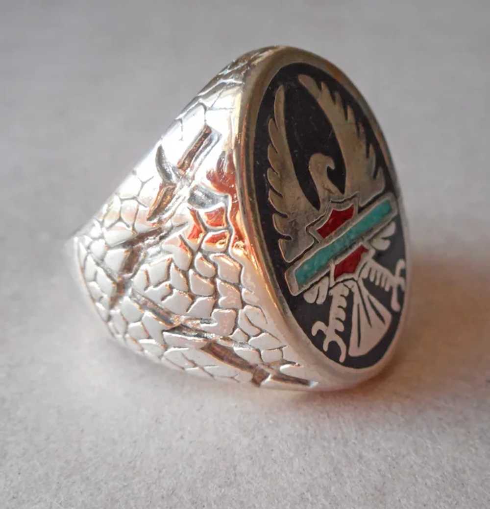 Biker Ring Size 12 Turquoise Coral Onyx Colored E… - image 3