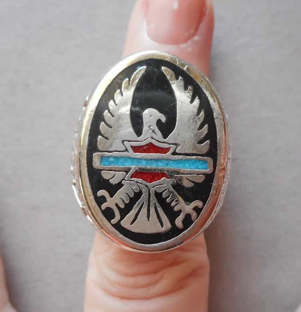 Biker Ring Size 12 Turquoise Coral Onyx Colored E… - image 6