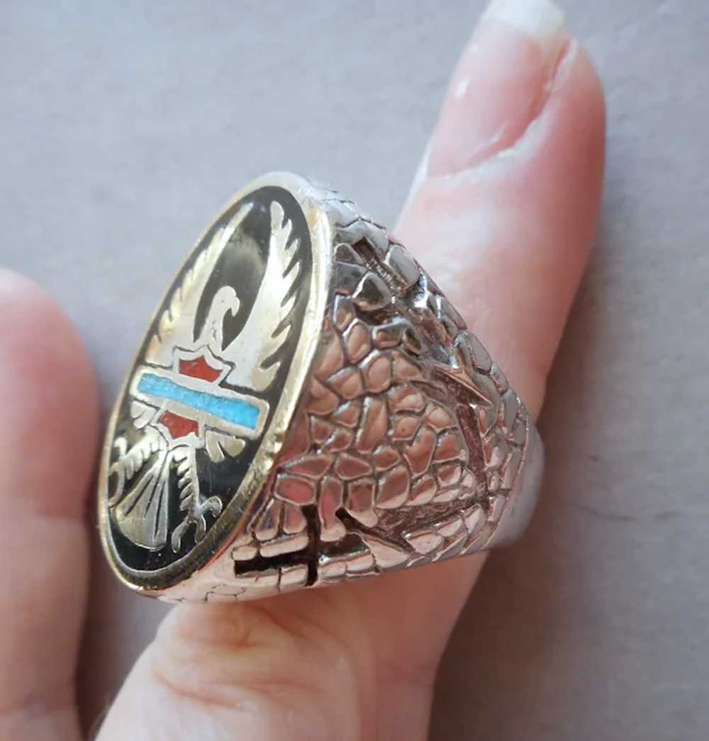 Biker Ring Size 12 Turquoise Coral Onyx Colored E… - image 7