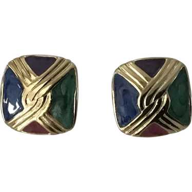 Vintage Jewel Tone Enamel Square Pierced Earrings - image 1