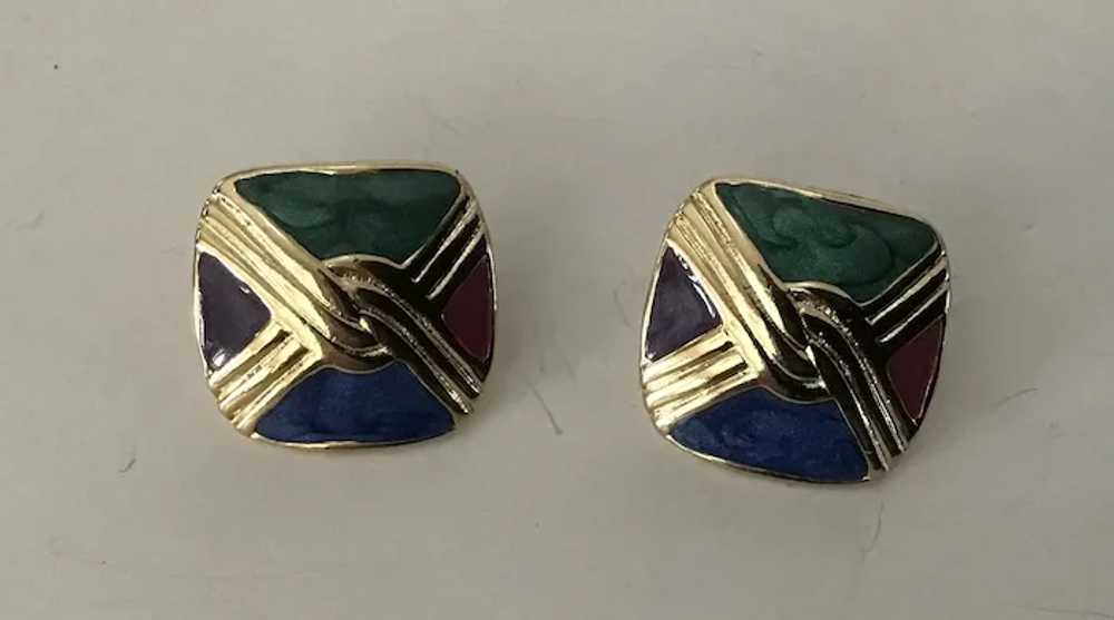 Vintage Jewel Tone Enamel Square Pierced Earrings - image 2