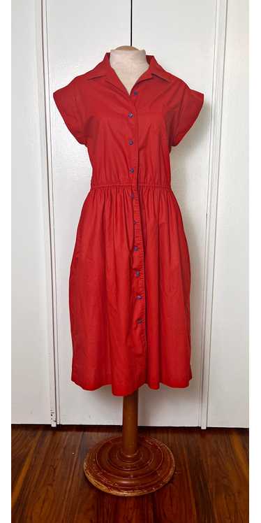 Vintage 1980's Red & Blue Button-Front Vented Day… - image 1