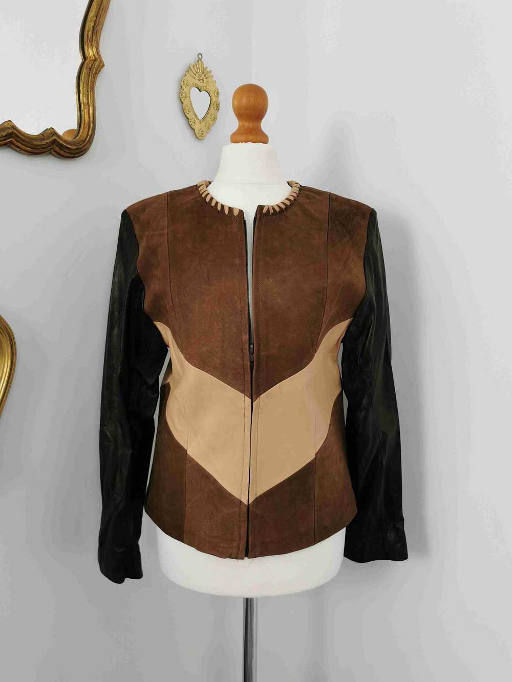 Leather jacket - Light and dark brown and beige t… - image 3