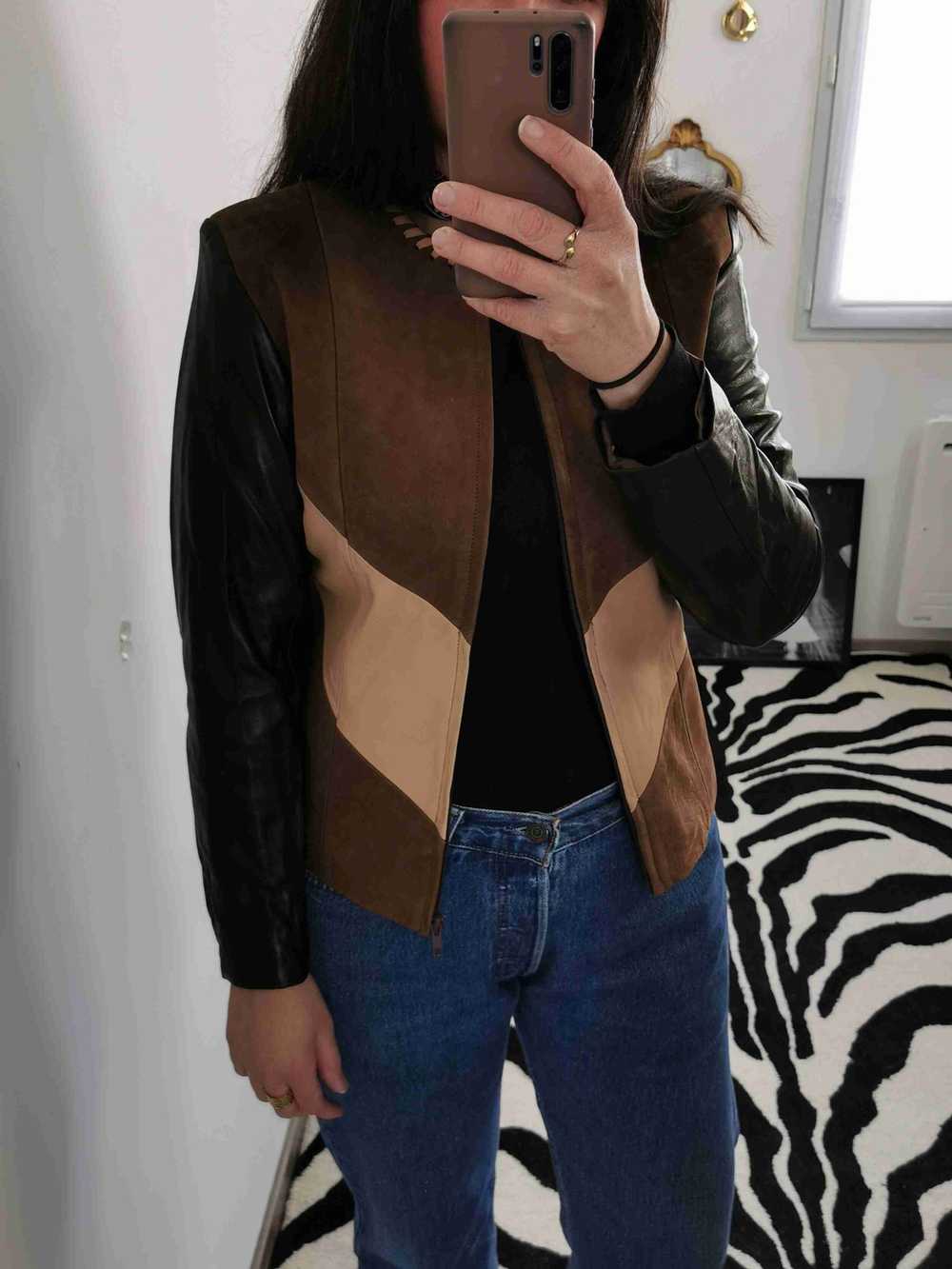 Leather jacket - Light and dark brown and beige t… - image 8