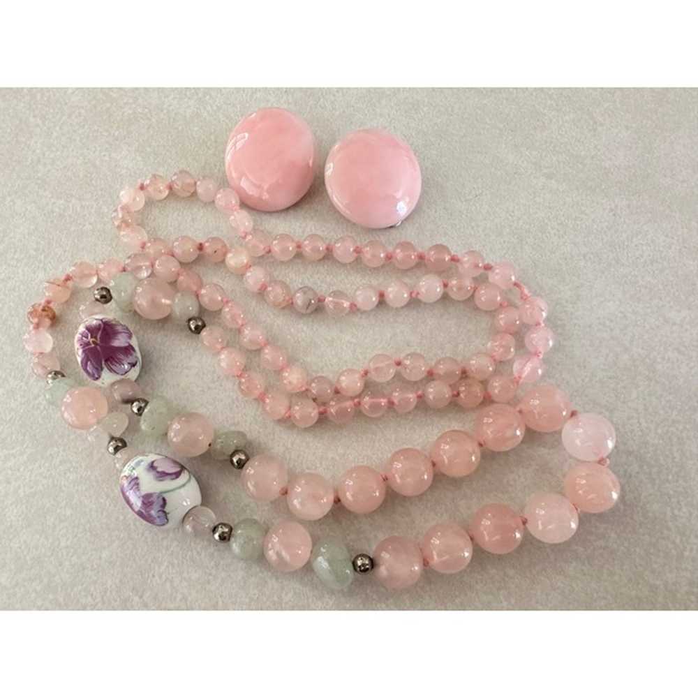 Vintage pink quartz painted floral beads beaded n… - image 1
