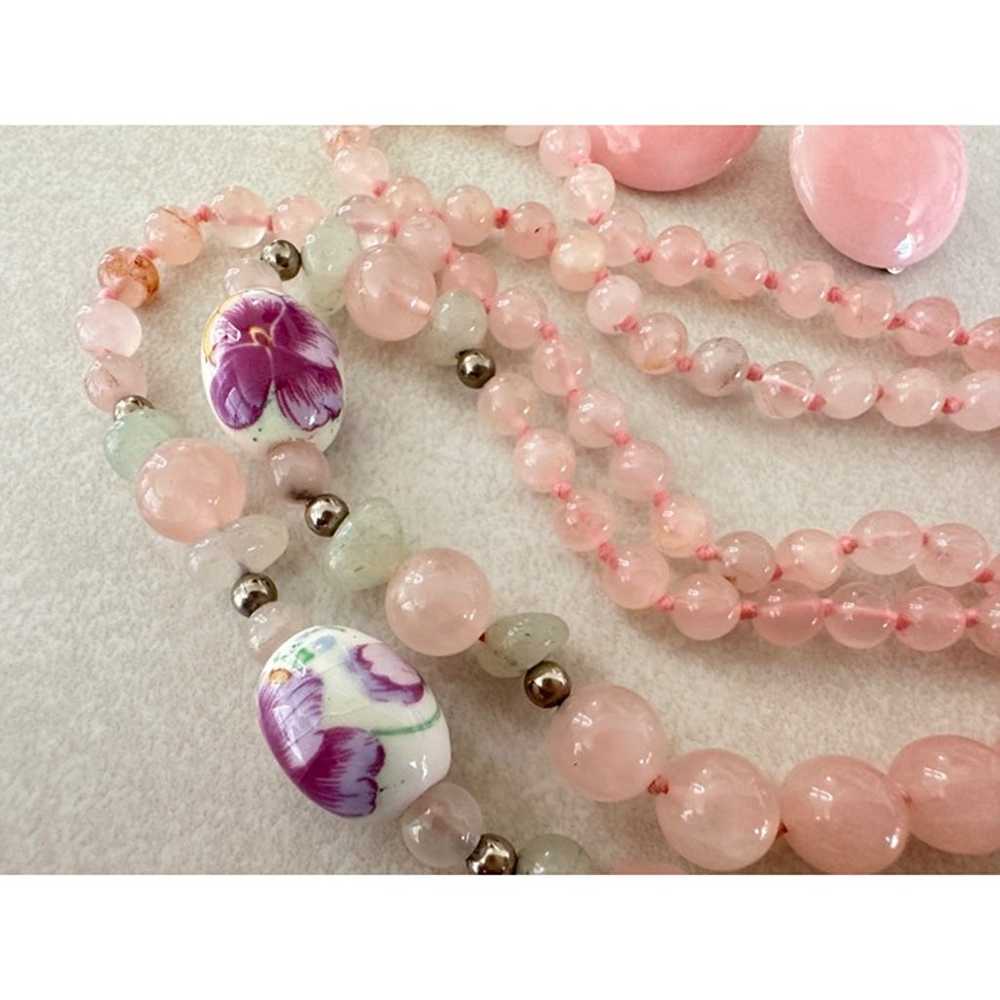 Vintage pink quartz painted floral beads beaded n… - image 2