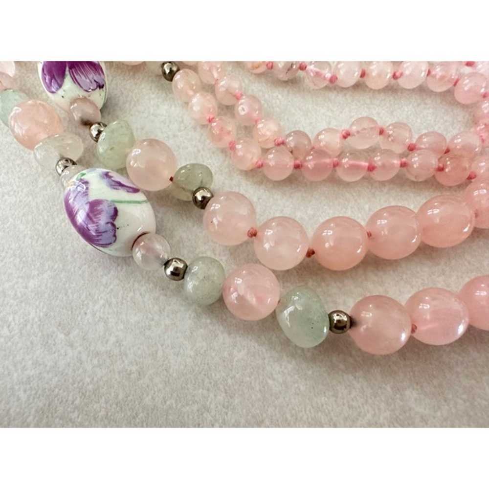 Vintage pink quartz painted floral beads beaded n… - image 3