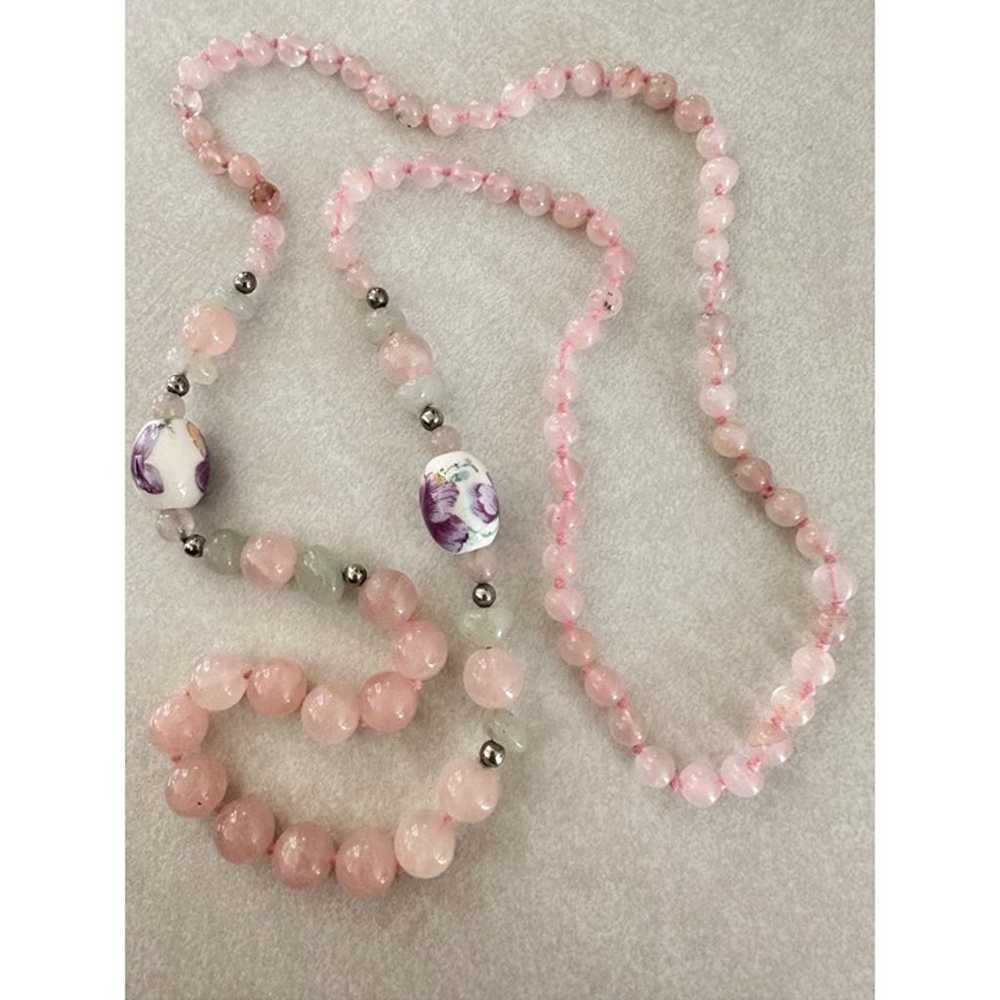 Vintage pink quartz painted floral beads beaded n… - image 6