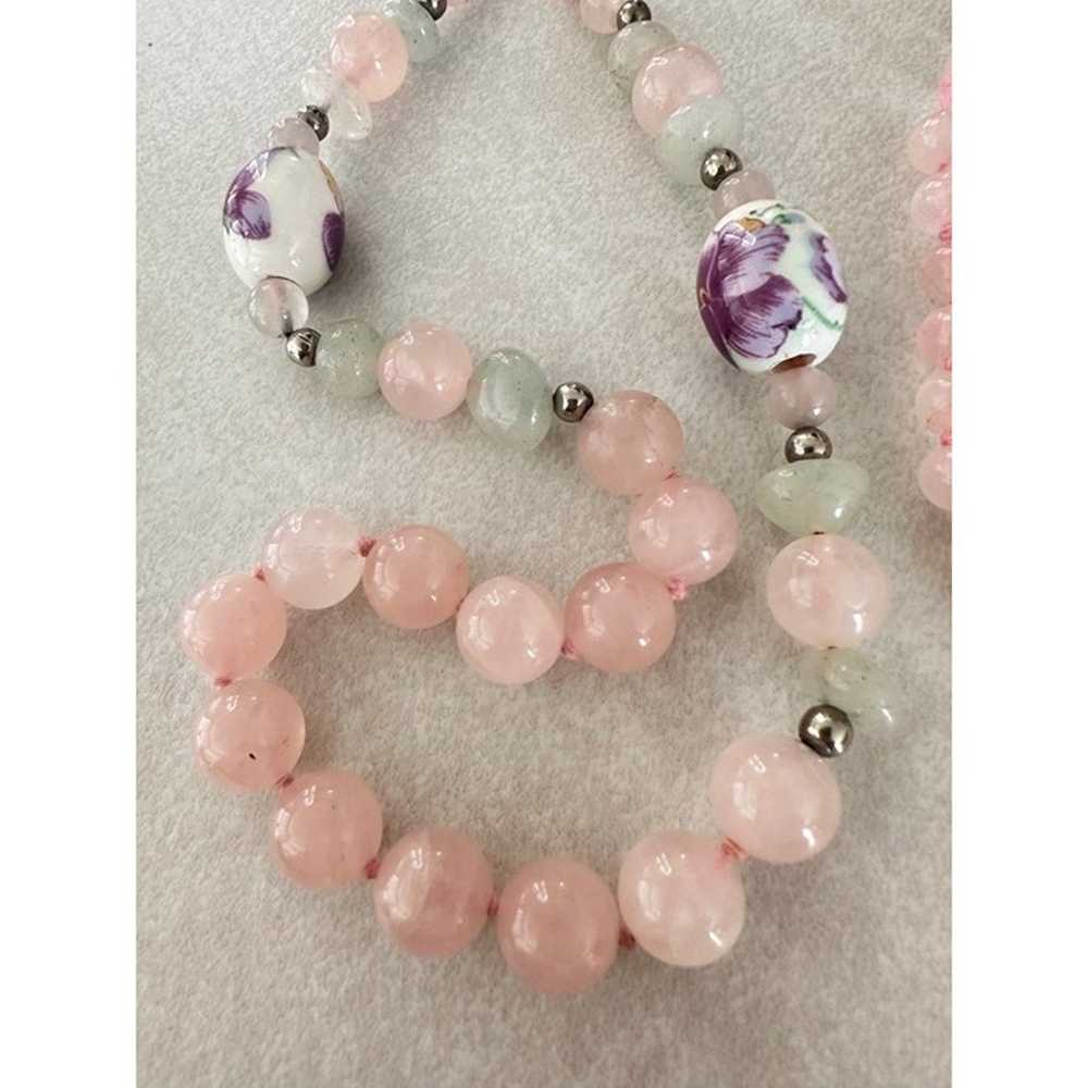 Vintage pink quartz painted floral beads beaded n… - image 8