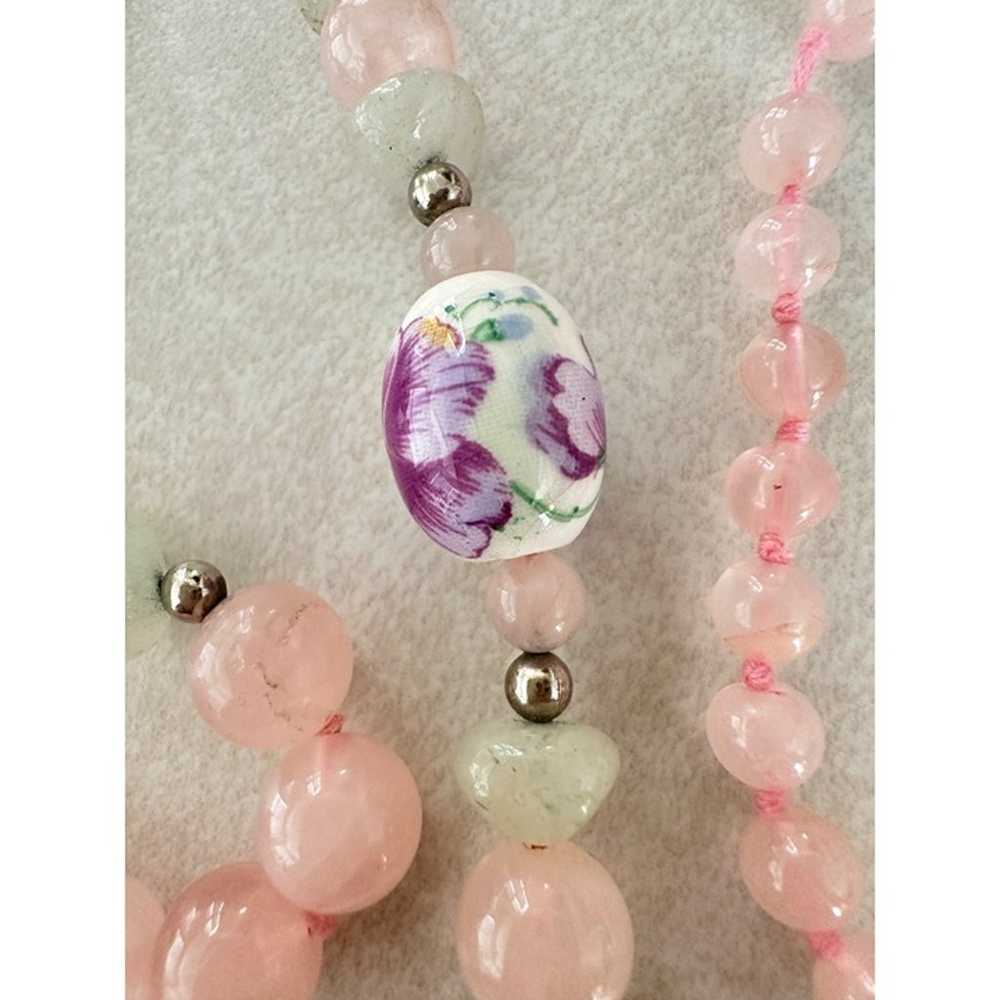 Vintage pink quartz painted floral beads beaded n… - image 9