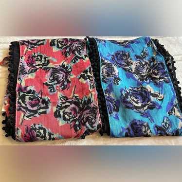 2 vintage Candie brand scarves - floral with Pom … - image 1