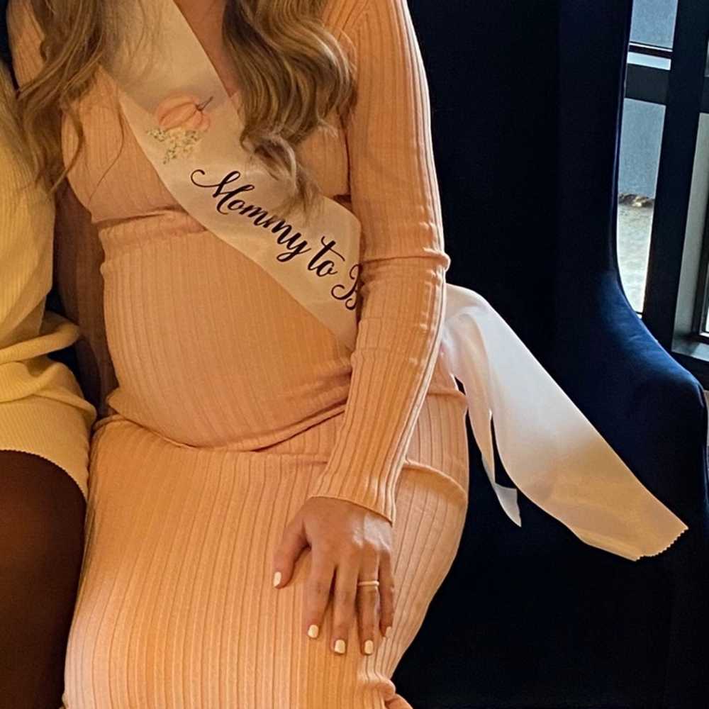 Pink V-neck long sleeve maternity dress - image 2