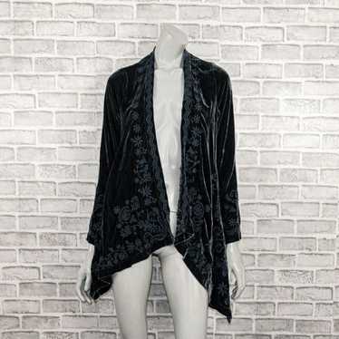 Vintage Floral Embroidered Long Duster Cardigan Sweater Black Open