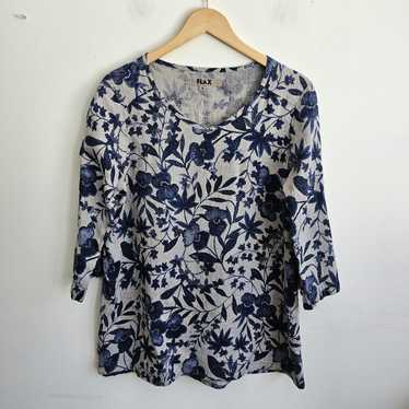 flax FLAX LINEN Blue FLORAL Blouse top, SIZE S
