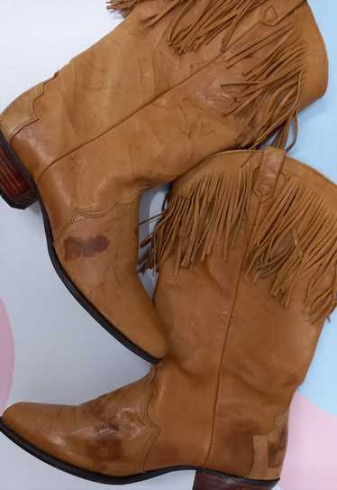 Vintage Dingo Cowboy Boots Tan Brown Leather Frin… - image 1