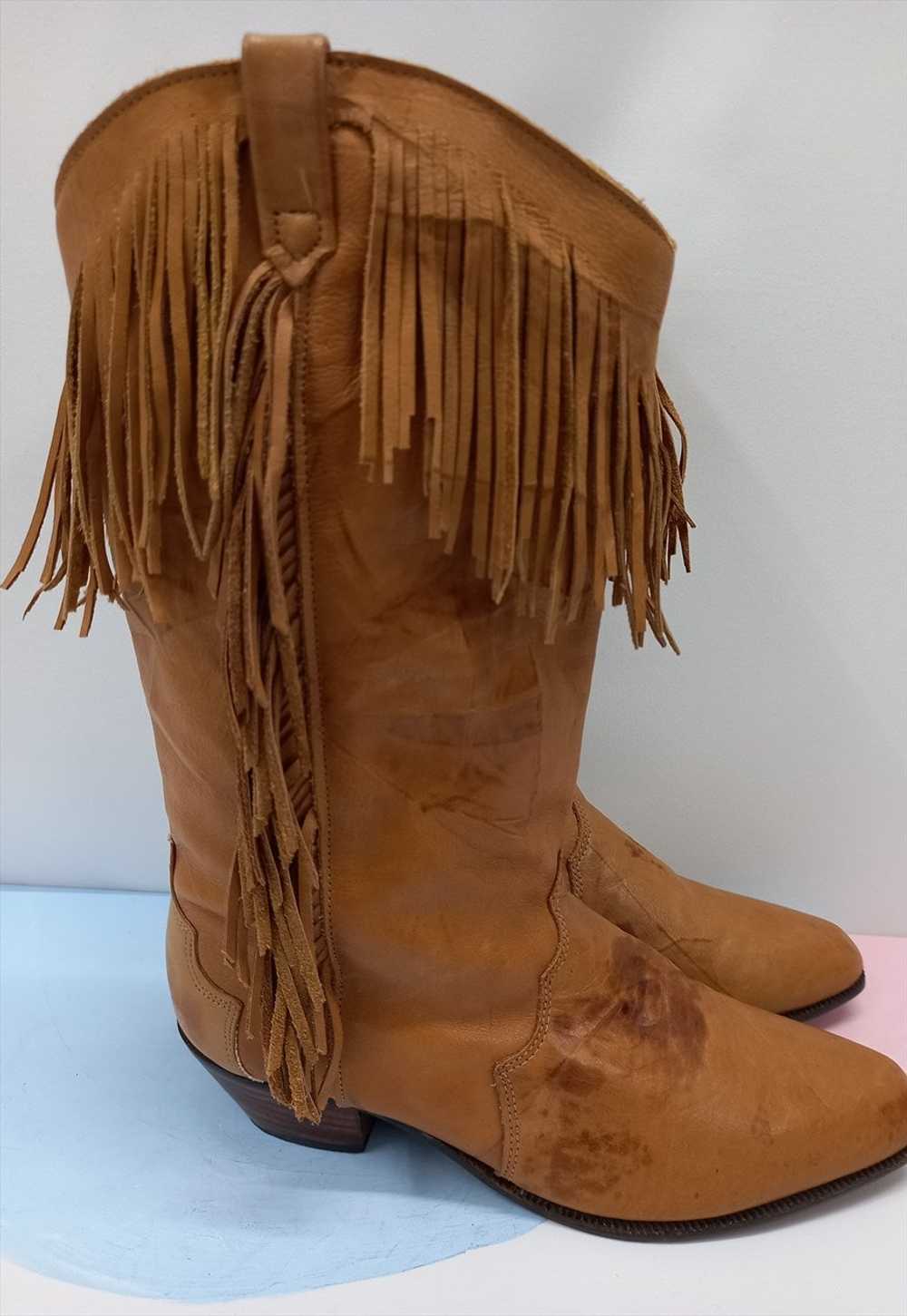 Vintage Dingo Cowboy Boots Tan Brown Leather Frin… - image 2