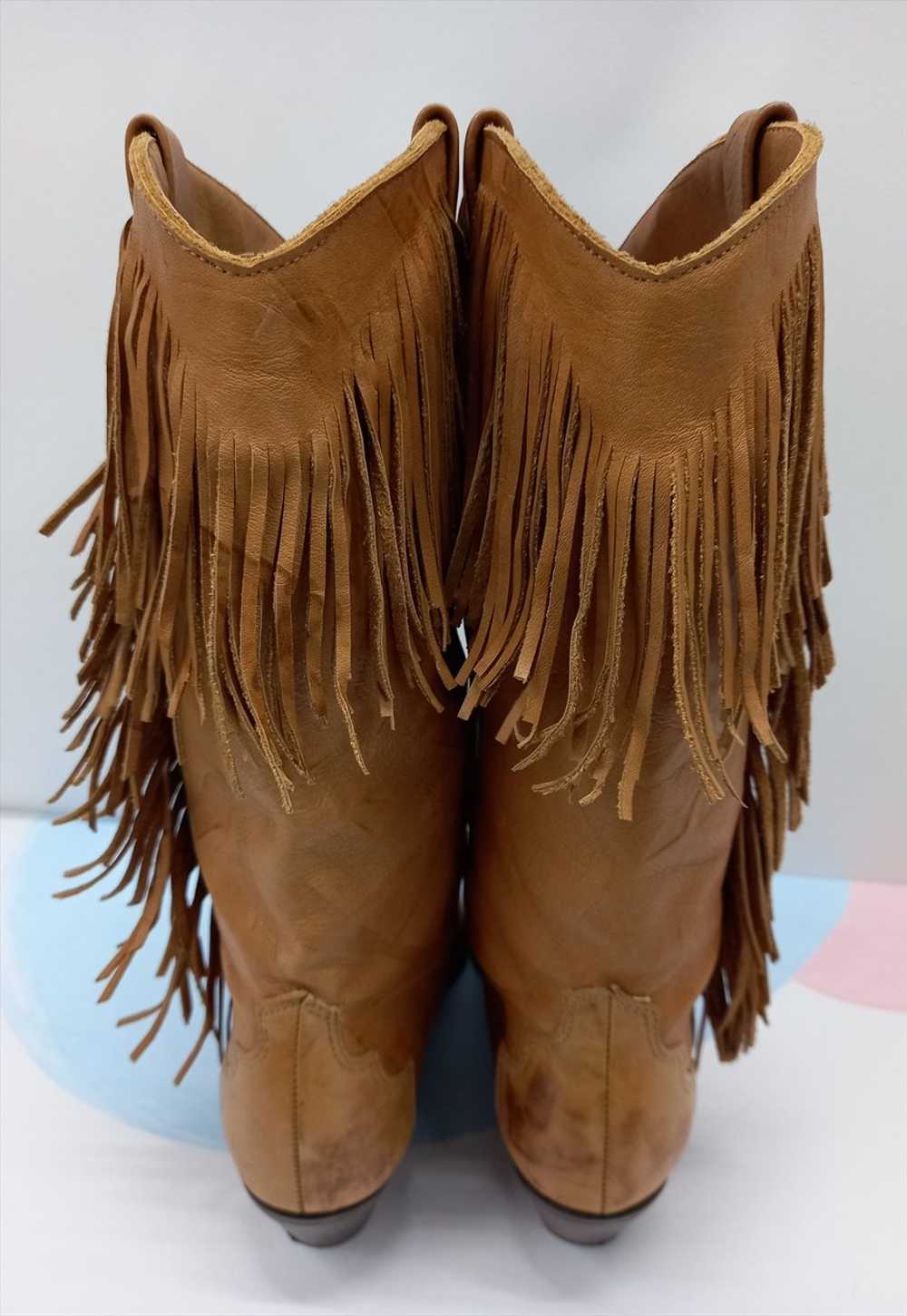 Vintage Dingo Cowboy Boots Tan Brown Leather Frin… - image 3