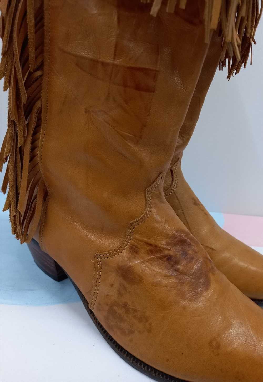 Vintage Dingo Cowboy Boots Tan Brown Leather Frin… - image 4