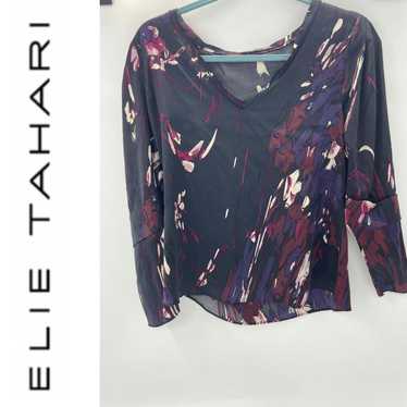 Elie Tahari Tan/Navy Abstract Print Silk Blouse sz Small