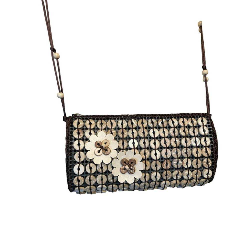 Other Wood Beaded Crossbody Bag Neutral Brown Tan… - image 1
