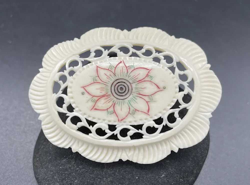 Victorian style carved and painted bone brooch - image 3