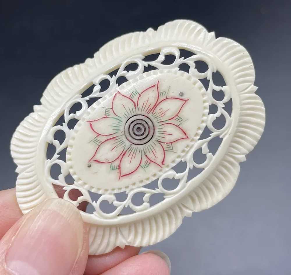 Victorian style carved and painted bone brooch - image 6