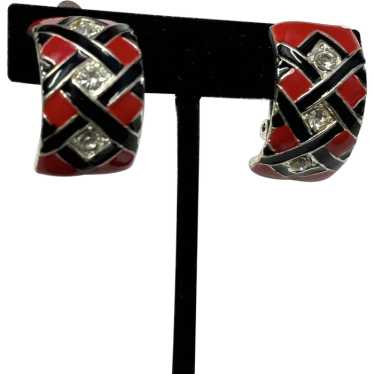 Vintage red black enamel rhinestone hoop earrings