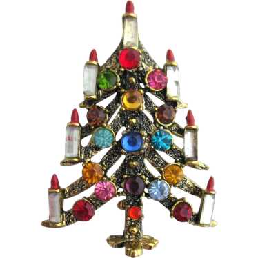 Hollycraft Signed Christmas Tree Pin With Candles - image 1