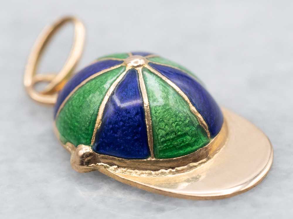 Yellow Gold Blue and Green Enamel Hat Charm - image 1