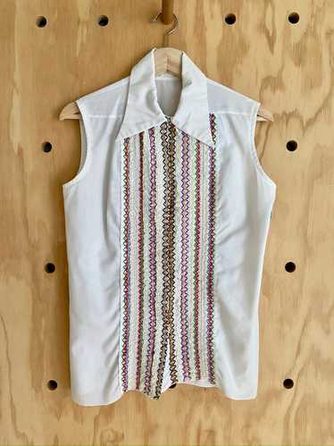 1970s Sleeveless Tuxedo-Style Blouse