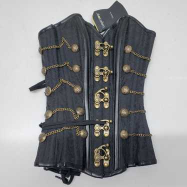 Gothic victorian black leather corset wide lace up waist cincher belt Size:  S-M