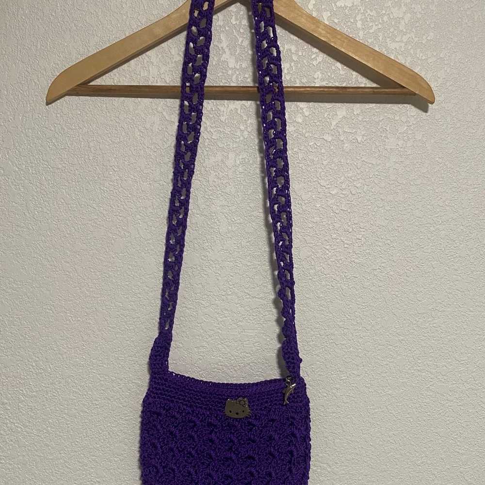Handmade Heavy Purple Crochet Bag With Hello Kitt… - image 1