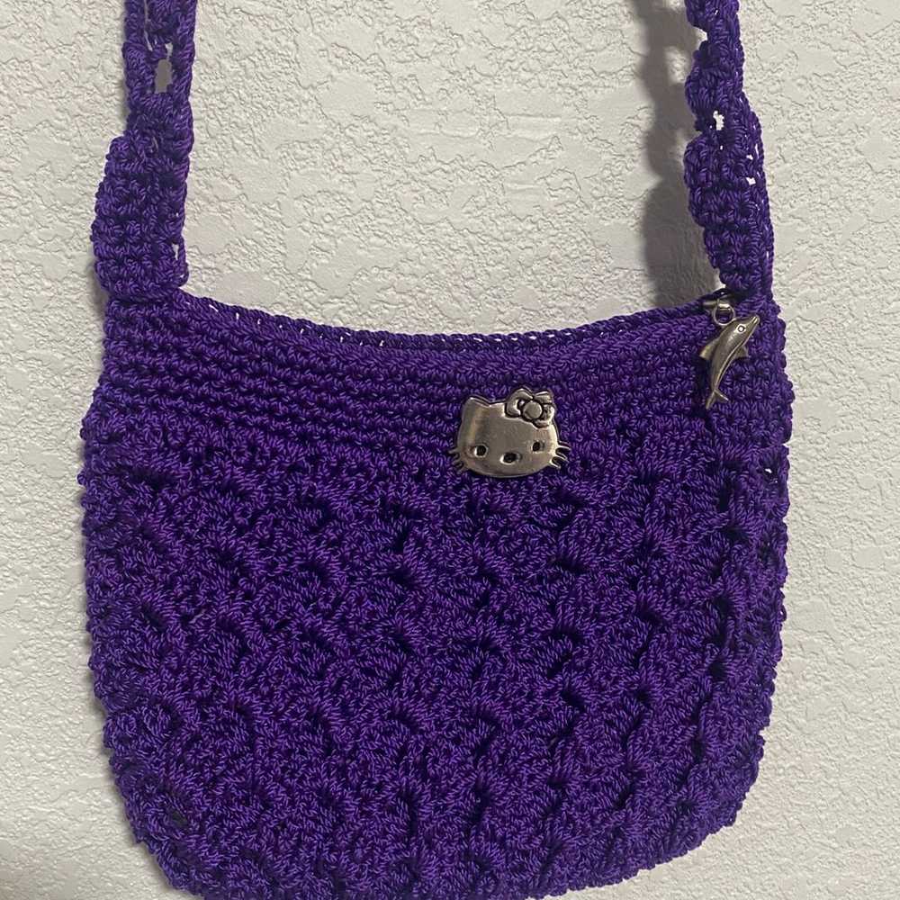 Handmade Heavy Purple Crochet Bag With Hello Kitt… - image 2