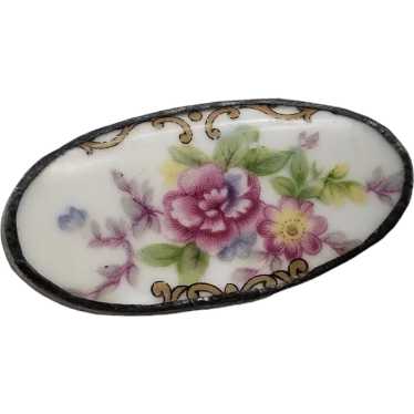 Vintage Curved Bezel Set Porcelain Flower Brooch (