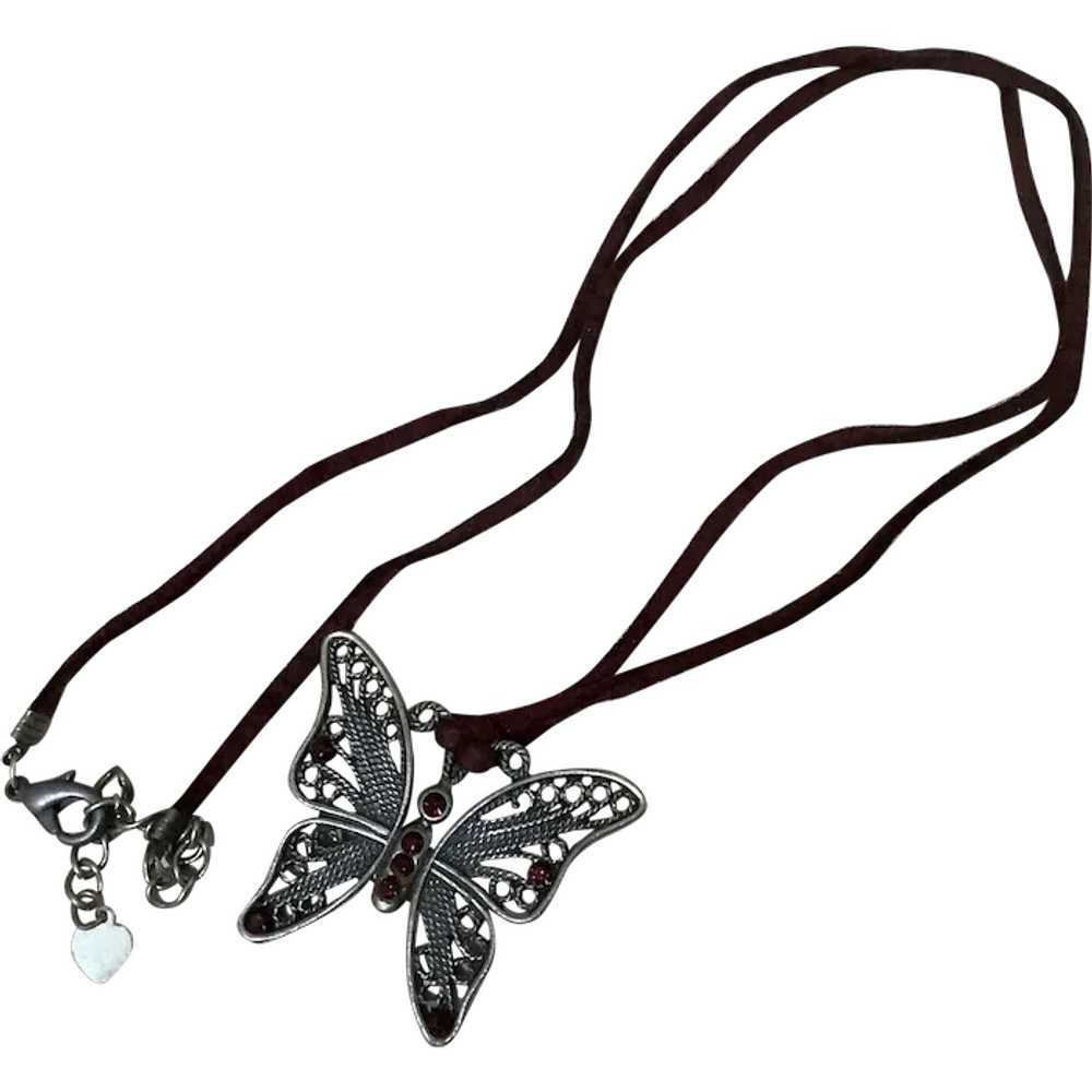 Handmade Metal Butterfly Pendant with Garnets wit… - image 1