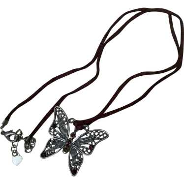 Handmade Metal Butterfly Pendant with Garnets wit… - image 1